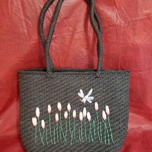 Woven Charcoal Paper Gray Purse Handbag Dragonfly